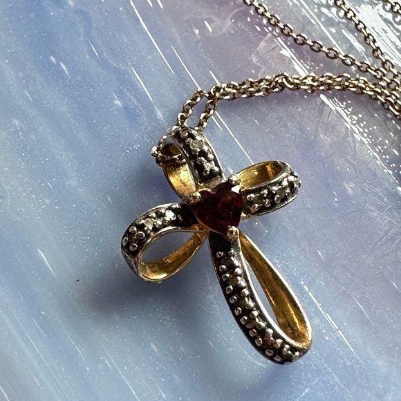CROSS PENDANT NECKLACE GEMSTONE AND MARCASITE GOLD OVER STERLING PETITE 5509 L - Picture 3 of 12